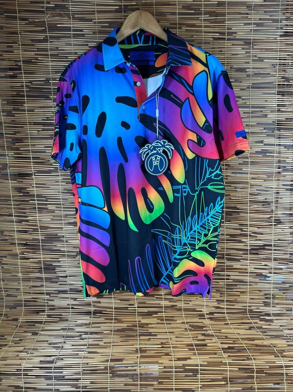 USA Palm Golf Polo Neon Garden Rainbow Tropical Monstera Leaf Shirt L
